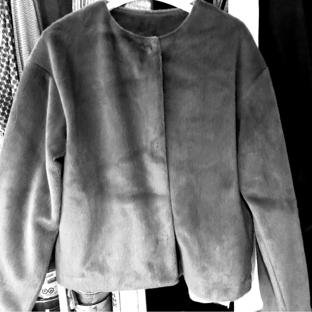 Lovely blue gray faux fur jacket from Uniqlo.  New, never worn